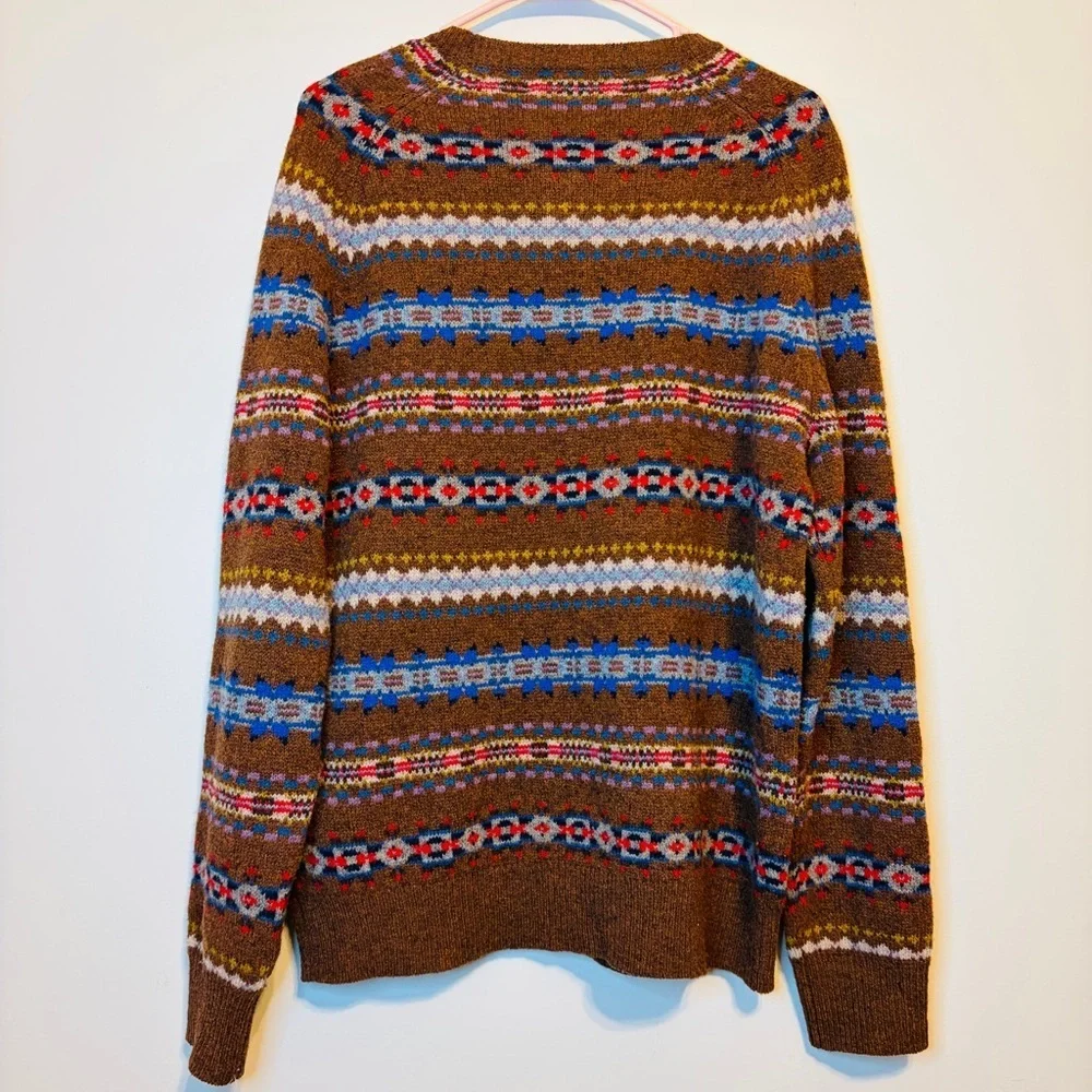 100% Lambs wool J. Crew Brown and Blue Patterned Crewneck Sweater
